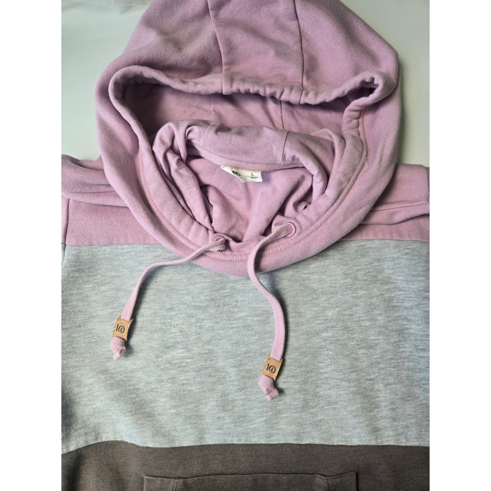 tentree Womens Large Colorblock Fleece Hoodie Pink Gray Brown Cowl Neck Pullover